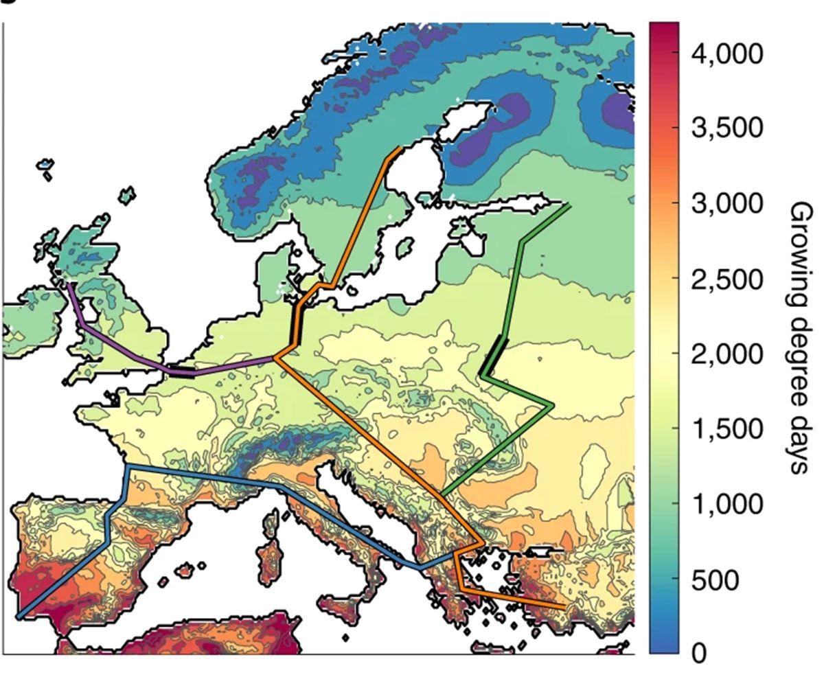 Betti et al. 2020: Major axes of expansion of the Neolithic transition (slowdown shown in black), superimposed on a map of growing degree days at 5,500 BCE. From the paper