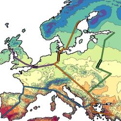 Betti et al. 2020: Major axes of expansion of the Neolithic transition (slowdown shown in black), superimposed on a map of growing degree days at 5,500 BCE. From the paper